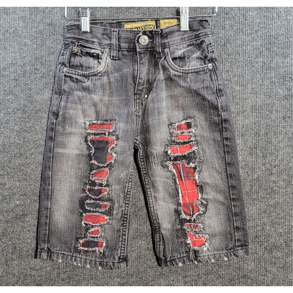 Evolution in Design Boys Black Patched Distressed Denim Shorts 8 Red BK Plaid